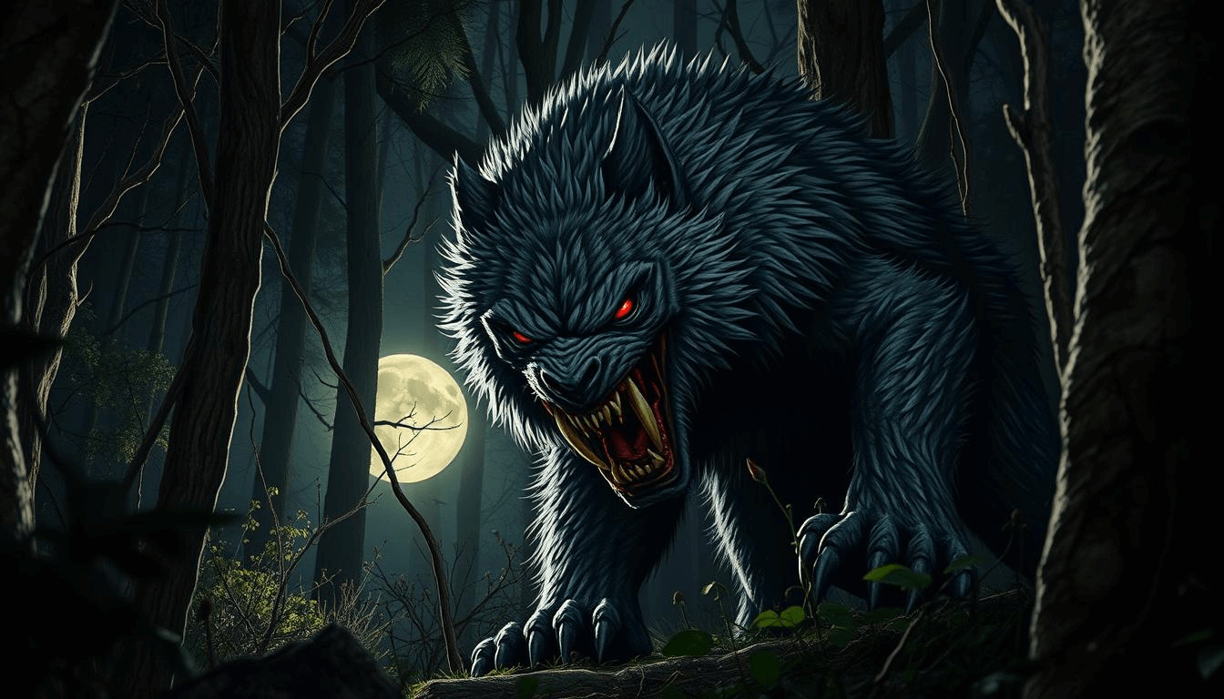 argentine-mythical-creatures-el-lobizon-werewolf-full-moon-mythical-creatures-art A fierce mythical werewolf with glowing red eyes snarls in a moonlit forest, representing El Lobizón from Argentine folklore. This intense mythical creatures art captures the haunting beauty of fantasy legends.