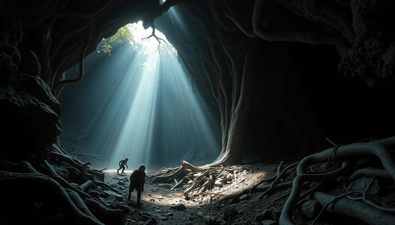 argentine-mythical-creatures-la-salamanca-dark-cave-magic-roots-mythical-creatures-art Two shadowy figures stand inside a massive, root-filled cave with light beaming down from above—symbolizing the legendary La Salamanca. This mystical setting reflects the magical darkness of Argentine mythical creatures and brings mythical creatures art to life.
