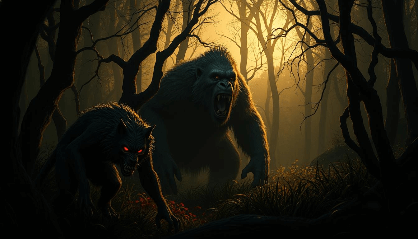 argentine-mythical-creatures-lobizon-ucumar-dark-forest-mythical-creatures-fantasy Fierce mythical creatures El Lobizón and El Ucumar prowl a shadowy forest at dusk, captured in vivid mythical creatures art. This fantasy scene evokes fear and legend in Argentine folklore.