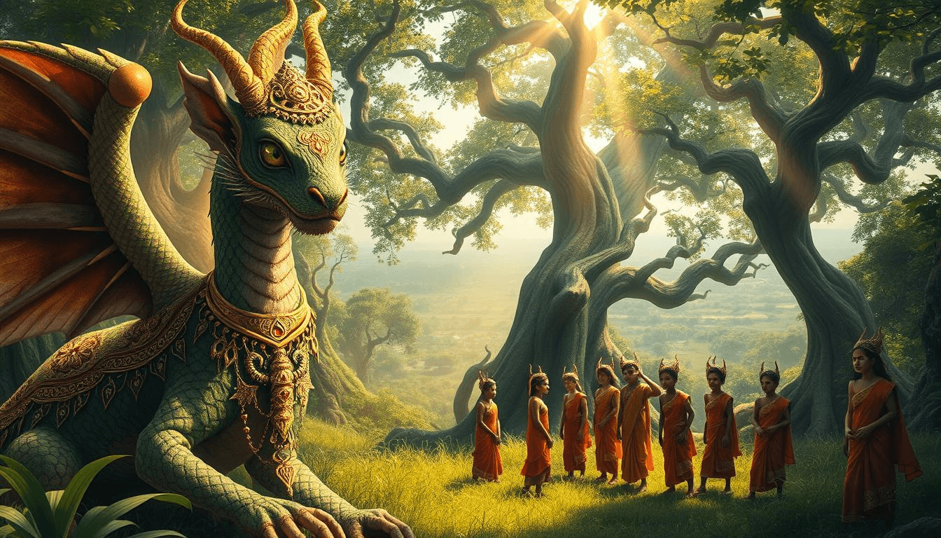 Bengali mythical creatures fantasy art showing a jeweled naga dragon goddess with golden wings watching over a group of devotees in orange robes beneath ancient trees and sunlight.
