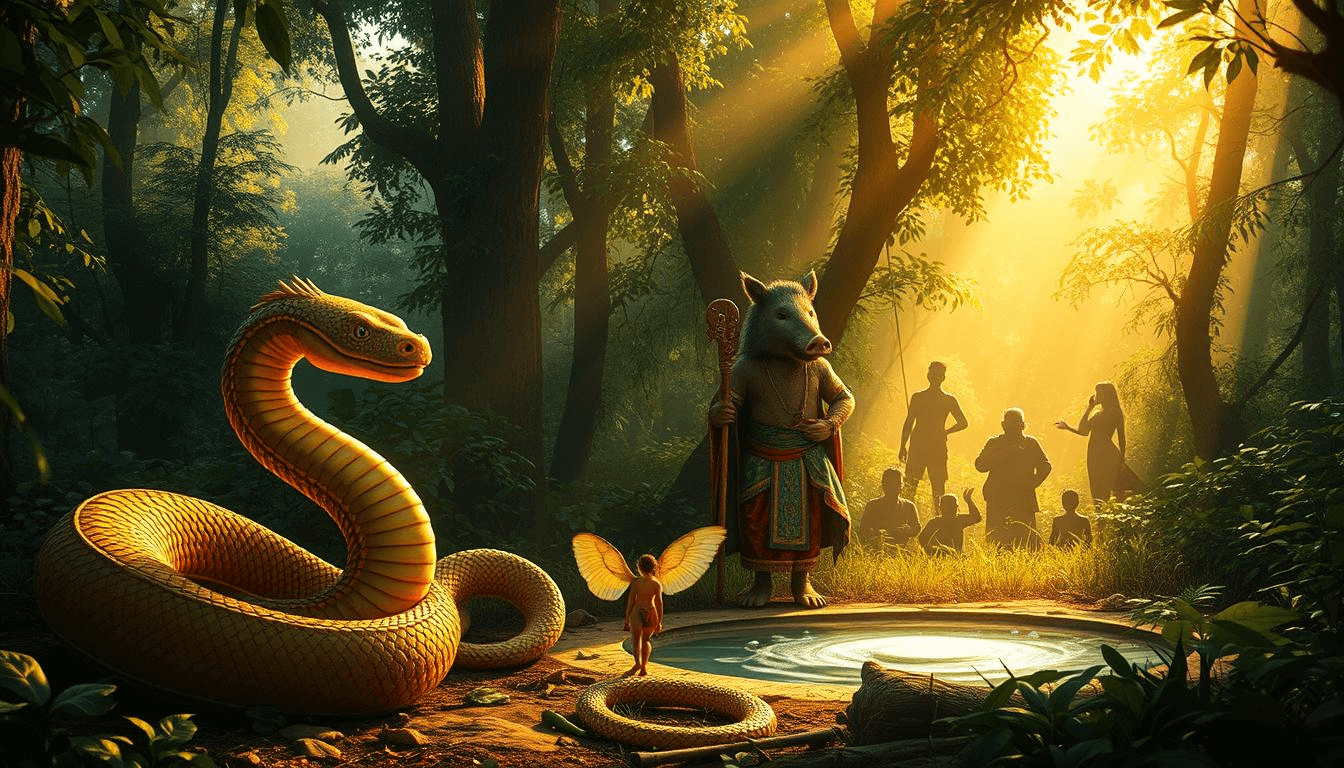 Fantasy artwork of Bengali mythical creatures with a golden serpent naga, boar-headed forest deity, winged spirit, and villagers gathered near a glowing water pool in a mystical forest.
