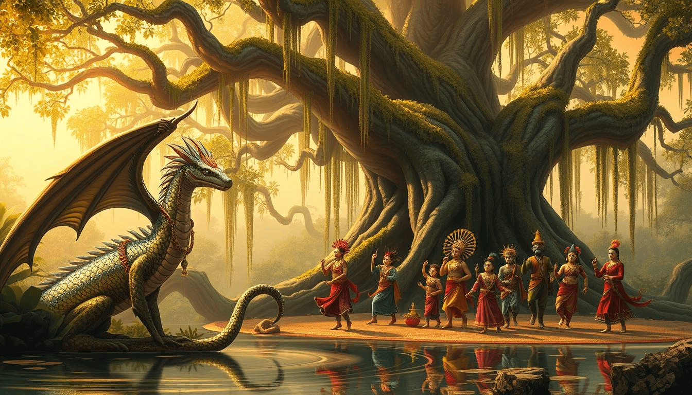 Bengali mythical creatures art of a majestic naga serpent goddess with dragon wings beside a sacred banyan tree, while villagers in colorful attire worship and perform rituals near the river.
