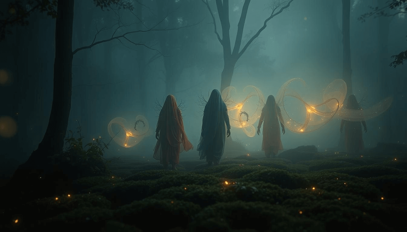 Bengali mythical creatures fantasy art of Nishi forest spirits, mysterious women in flowing robes walking through a misty night forest with glowing orbs of light.
