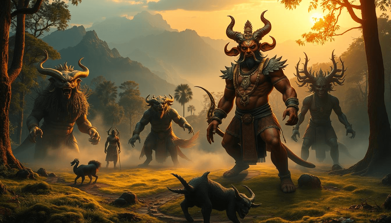 Bengali mythical creatures fantasy art of Rakhosh demons with horned warriors and beastly figures emerging from a misty forest at sunset.
