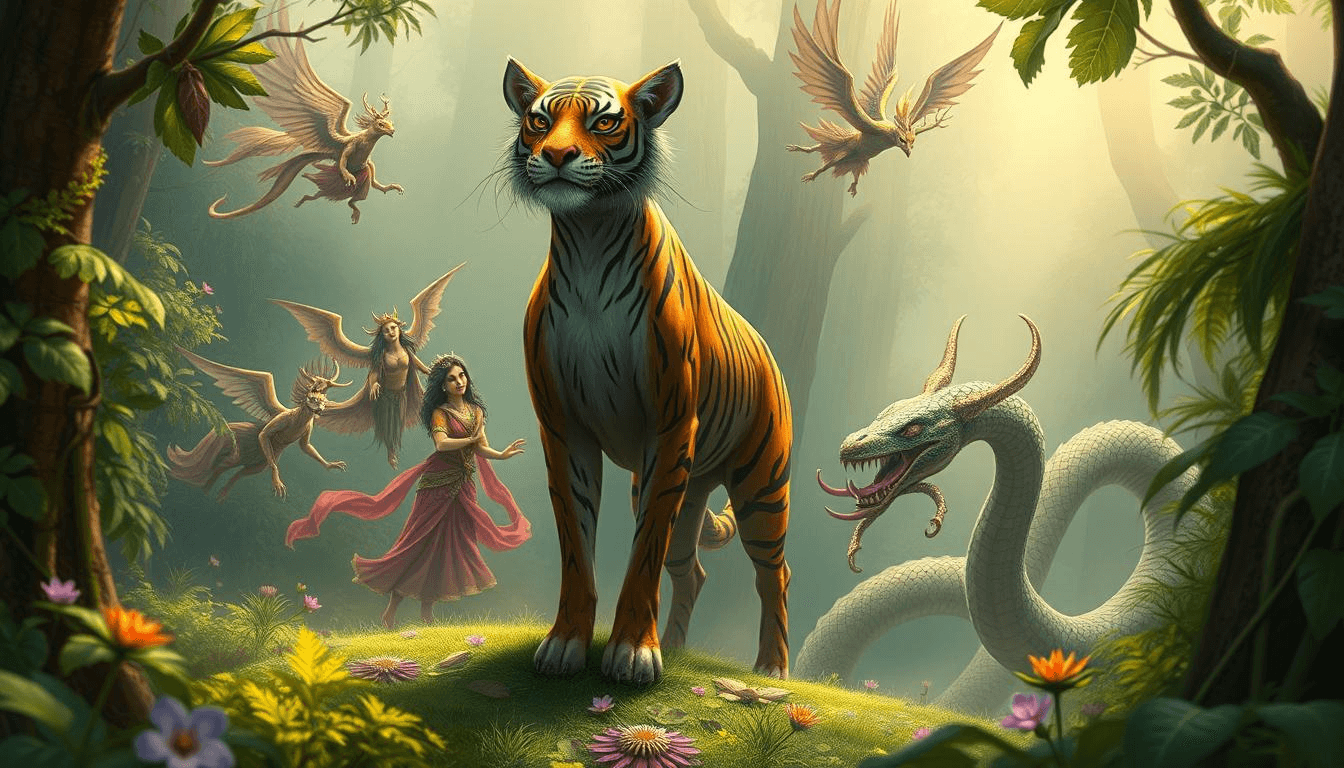 Bengali mythical creatures art showing a tiger, serpent naga, winged Byangoma birds, and a mystical woman in a forest fantasy scene.
