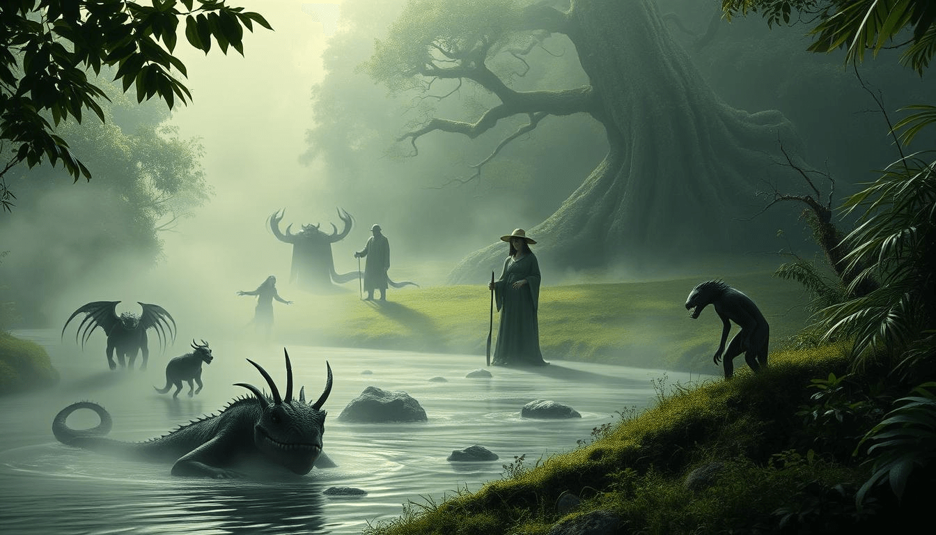 A misty forest scene showing a river surrounded by eerie mythical beasts, winged creatures, and hooded figures. This mysterious setting captures the essence of Colombian mythical creatures fantasy and showcases detailed mythical creatures art in a dark natural environment.
