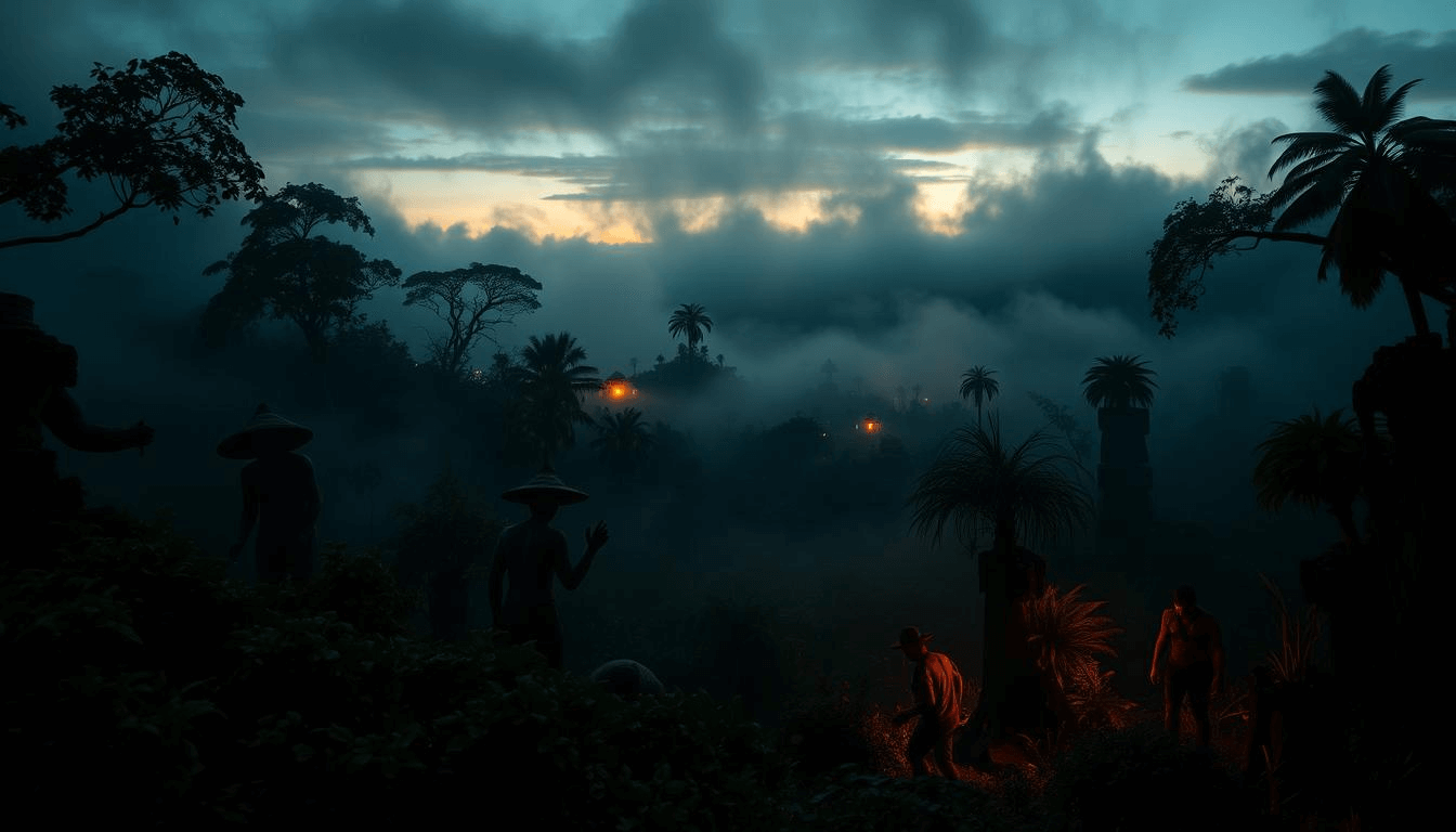 Shadowy figures in wide-brimmed hats stand among thick jungle foliage under a dark, misty sky with glowing lights in the distance. This eerie night scene illustrates elements of Colombian mythical creatures fantasy and captures the mood of mythical creatures art.
