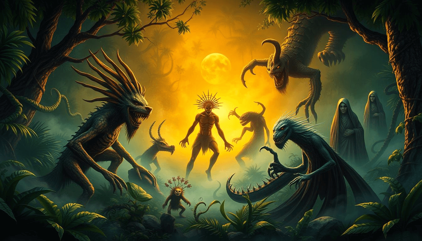 A group of terrifying, horned mythical monsters and shadowy human-like figures gather under a glowing full moon in a lush jungle. This intense scene illustrates mythical creatures fantasy and represents the darker side of Colombian mythical creatures art.
