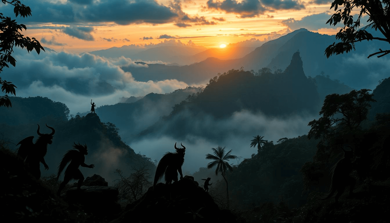 Silhouetted horned creatures stand on misty mountain cliffs at sunset, overlooking fog-covered valleys and distant peaks. This dramatic scene portrays Colombian mythical creatures in a surreal fantasy setting and reflects the beauty of mythical creatures art.
