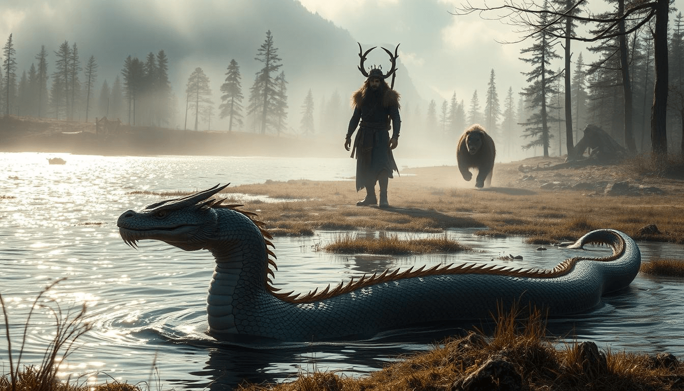 mongolian-dragon-creature-shaman-bear-fantasy-art-mythical Fantasy artwork of a Mongolian dragon-like creature in a serene lake, accompanied by a shaman and a bear in the misty wilderness. The scene reflects the mystical connection between creatures and nature in Mongolian mythology.