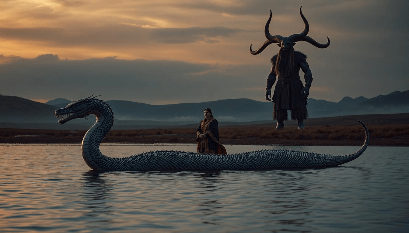 mongolian-dragon-water-serpent-shaman-spirits-mythical-fantasy Fantasy artwork of a Mongolian dragon-like water serpent with a shaman and a giant spirit figure standing by a river at sunset. The scene represents the mystical connection between creatures and humans in Mongolian folklore.