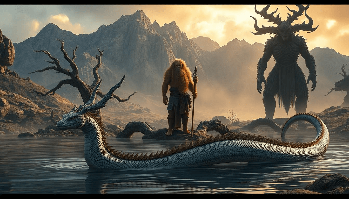 mongolian-mythical-creature-dragon-shaman-spirits-fantasy Fantasy art of a Mongolian dragon-like water serpent with a shaman figure and a mystical spirit creature in a dramatic mountain landscape. The scene reflects the supernatural connection between humans, spirits, and nature in Mongolian mythology.