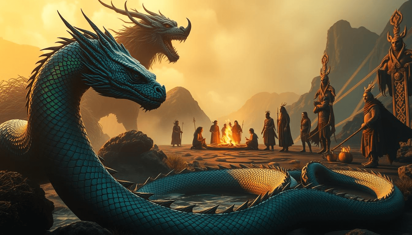 mongolian-water-serpent-dragon-creature-art-fantasy-mythical-creatures Fantasy art of a Mongolian water serpent dragon, surrounded by mythical creatures and shamanic figures. The scene depicts a mystical gathering with a fire, showcasing the creature’s importance in Mongolian folklore.