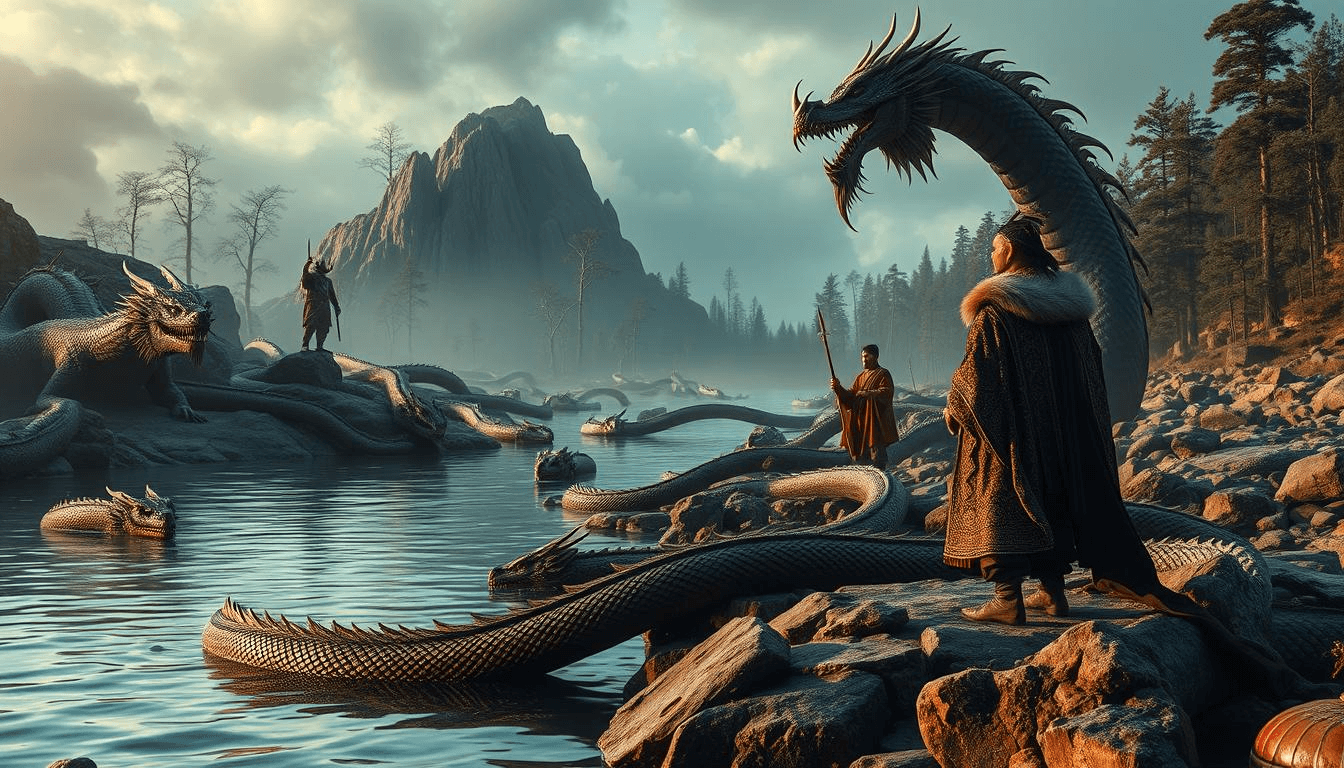 mongolian-water-serpents-dragon-shaman-mythical-creatures-fantasy-art_ Fantasy illustration of multiple Mongolian dragon-like water serpents with a shaman figure standing in a mystical landscape.