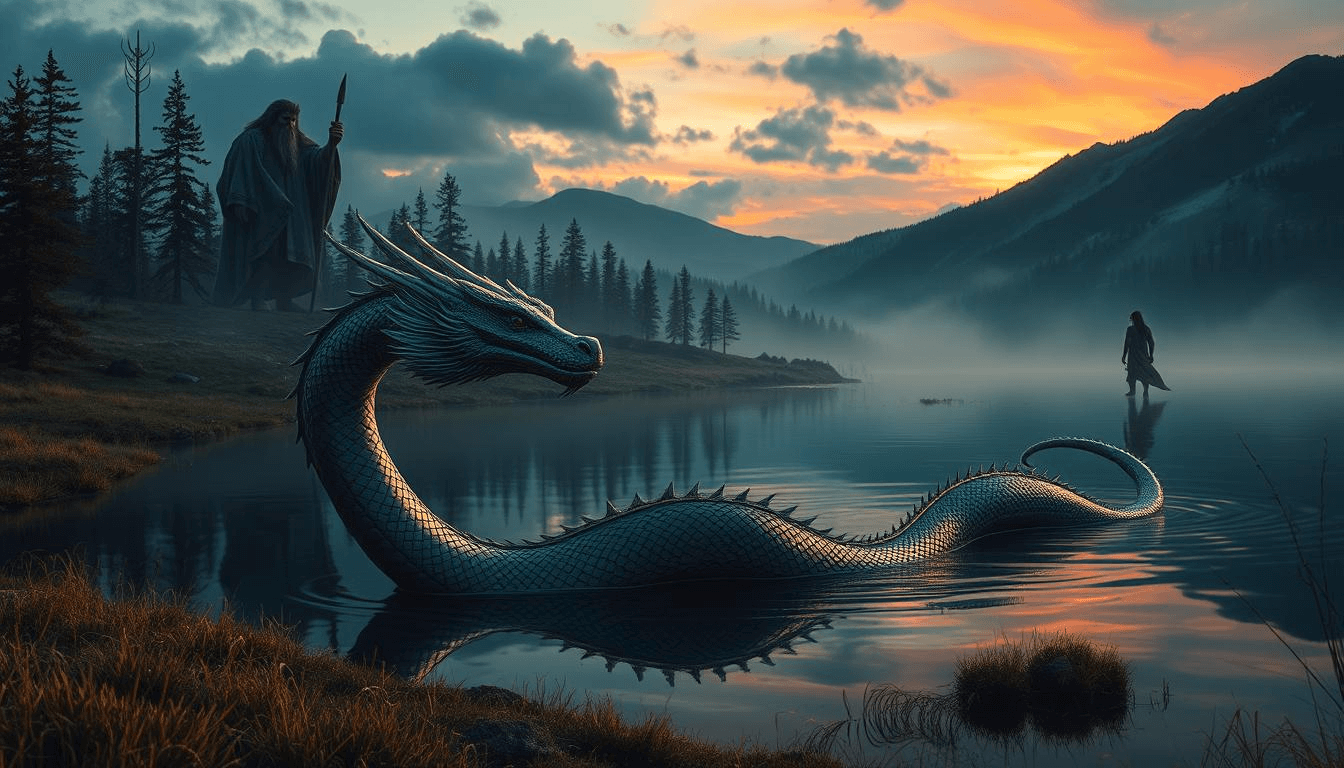 mongolian-water-serpents-dragon-shaman-mythical-creatures-fantasy Fantasy illustration of a Mongolian dragon-like water serpent by a misty lake, with a shaman figure standing in the background. The scene captures the mystical and spiritual connection between creatures and humans in Mongolian mythology.