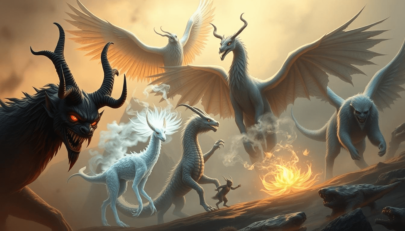 afghan-div-peri-ajdaha-mythical-creatures-fantasy-art A vivid fantasy artwork of Afghan mythical creatures showing a horned Div with glowing red eyes, elegant winged Peris, fierce dragon-like Ajdaha, and yeti-like snow beasts gathered around a glowing lotus flame, symbolizing Afghan folklore and mythical creatures in fantasy art.