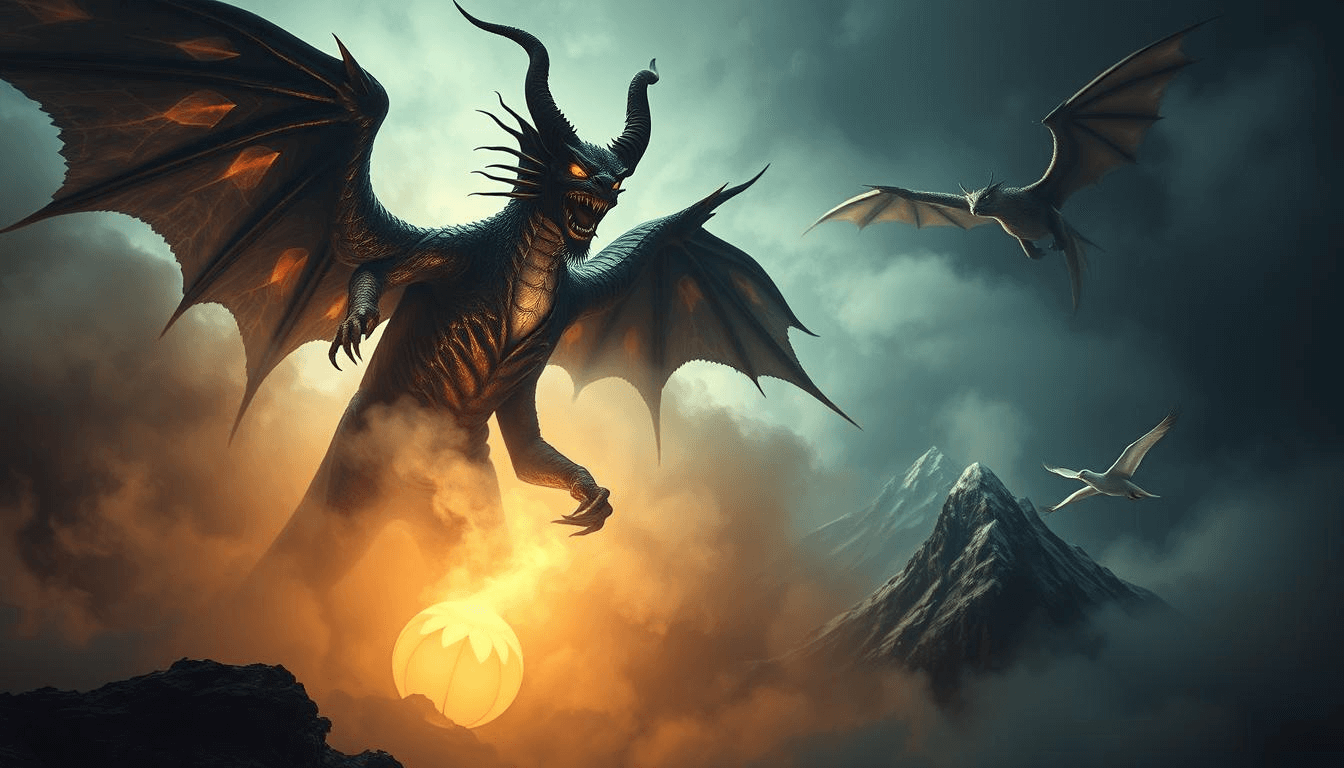 afghan-dragon-ajdaha-mythical-creatures-fantasy A fierce Afghan dragon, or Ajdaha, with glowing orange eyes and massive wings emerges from storm clouds above snow-covered mountains, holding a glowing orb as smaller dragons soar nearby, representing Afghan mythical creatures in fantasy art.