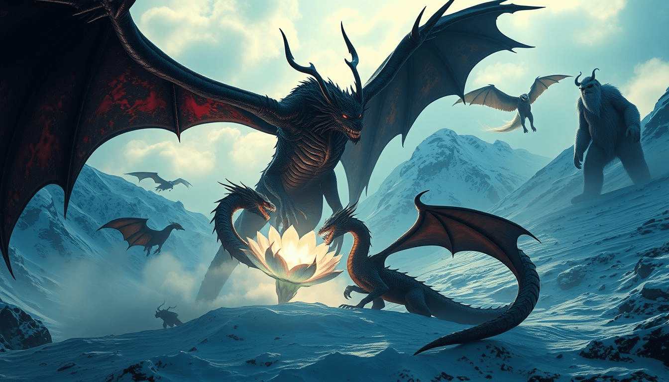 afghan-dragon-yeti-mythical-creatures-fantasy-art A massive Afghan dragon with red-tinged wings towers over snowy mountains, flanked by smaller dragons, a glowing lotus, and a towering yeti-like beast, symbolizing Afghan mythical creatures in fantasy art and folklore.