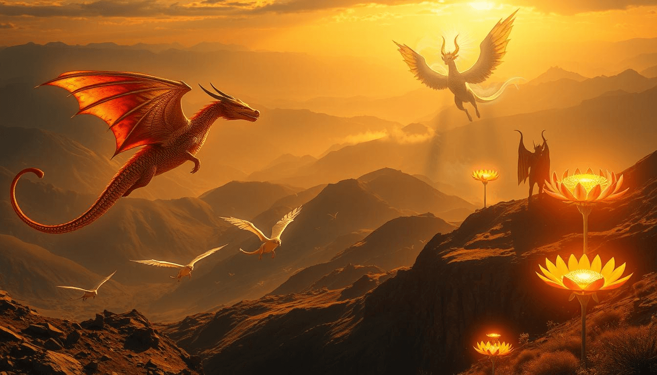 afghan-mythical-creatures-dragon-peri-fantasy-art A vivid fantasy scene of Afghan mythical creatures featuring a red dragon soaring above mountain peaks, a radiant winged Peri rising toward the sun, glowing lotus flowers, and smaller flying beasts, symbolizing Afghan folklore and mythical creatures in fantasy art.
