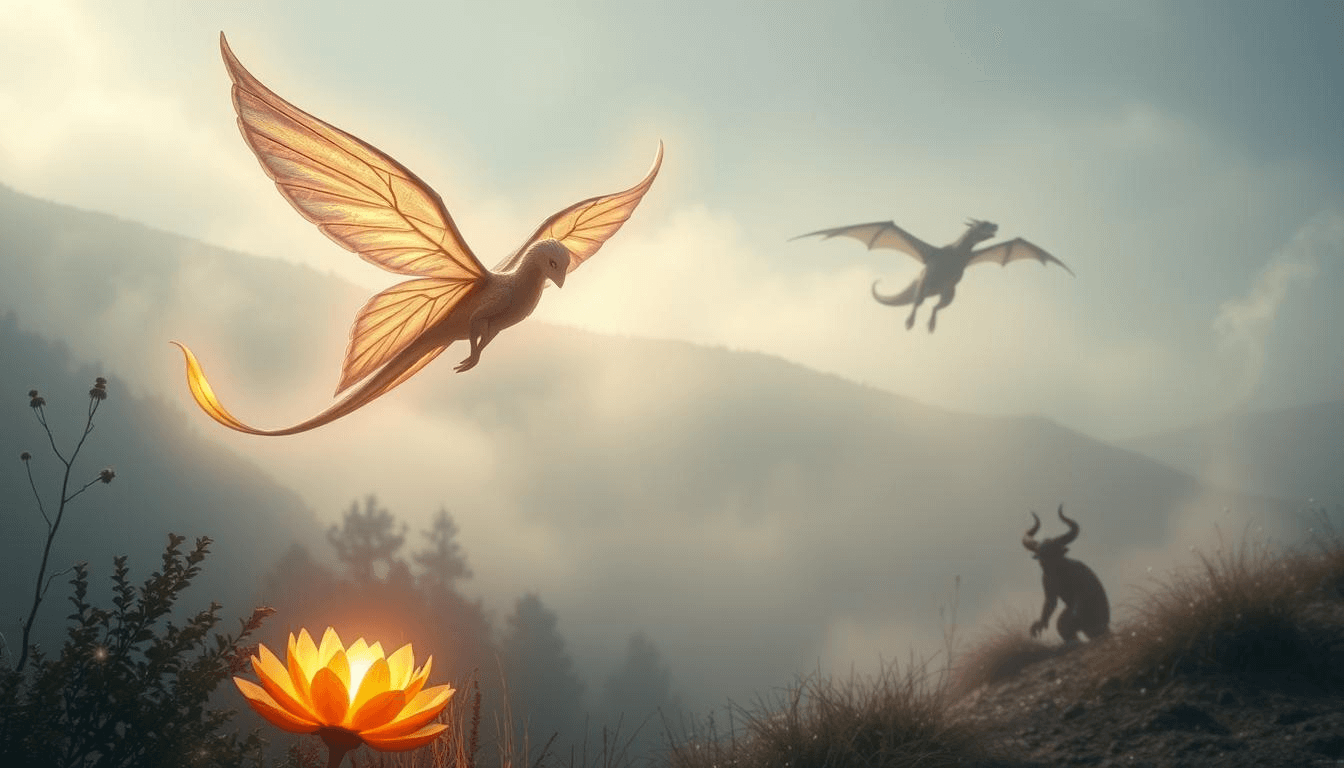 afghan-peri-winged-mythical-creatures-fantasy-art A radiant Peri, depicted as a glowing winged spirit, soars above misty Afghan mountains with a luminous lotus below, while a dragon and horned beast appear in the background, symbolizing Afghan mythical creatures in fantasy art.