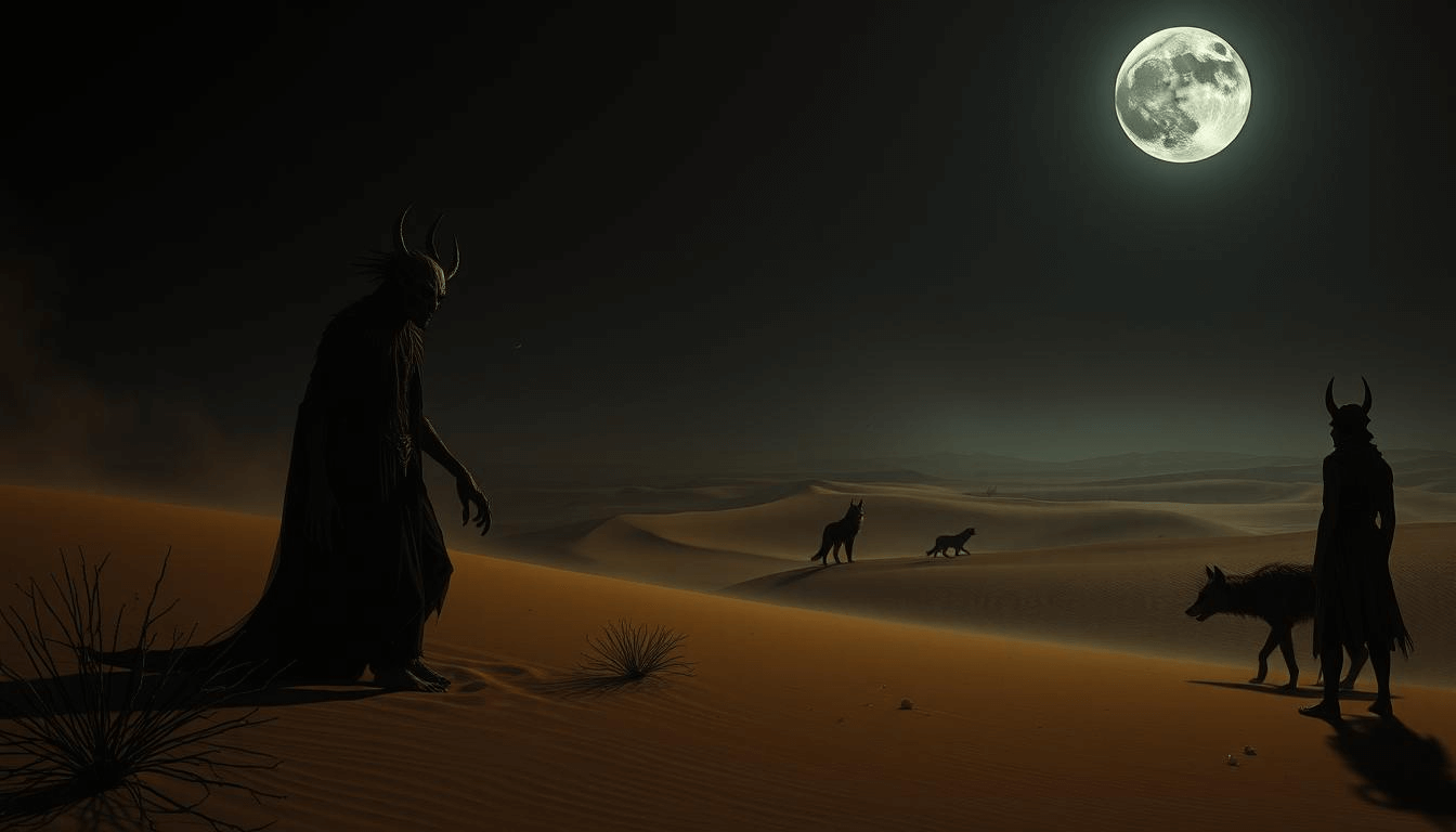 arabian-desert-demons-mythical-creatures-art Two horned demon-like figures stand on moonlit Arabian desert dunes with shadowy wolves nearby, evoking eerie mythical creatures fantasy art from Middle Eastern folklore.
