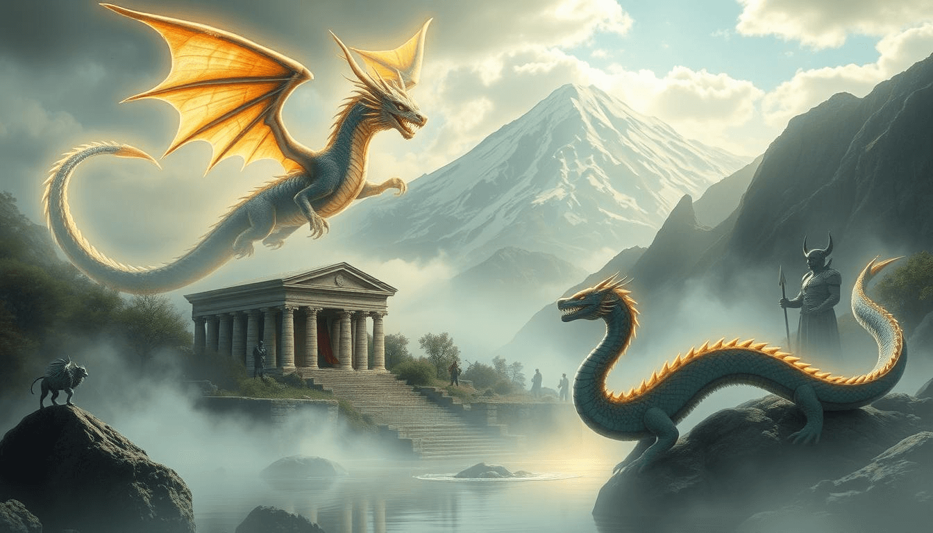 armenian-mythical-creatures-dragon-duel-mount-ararat-temple-mythical-creatures-art Two Armenian dragons facing each other near a temple with Mount Ararat in the background, misty valley scene, mythical creatures fantasy art.