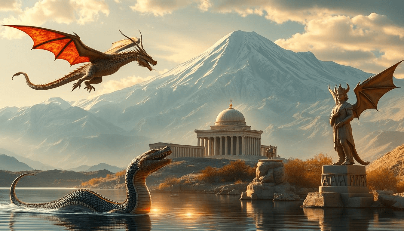 armenian-mythical-creatures-dragon-serpent-mount-ararat-mythical-creatures-fantasy Majestic Armenian dragon flying over a serpent in a lake with Mount Ararat and ancient temple in the background, mythical creatures art scene.