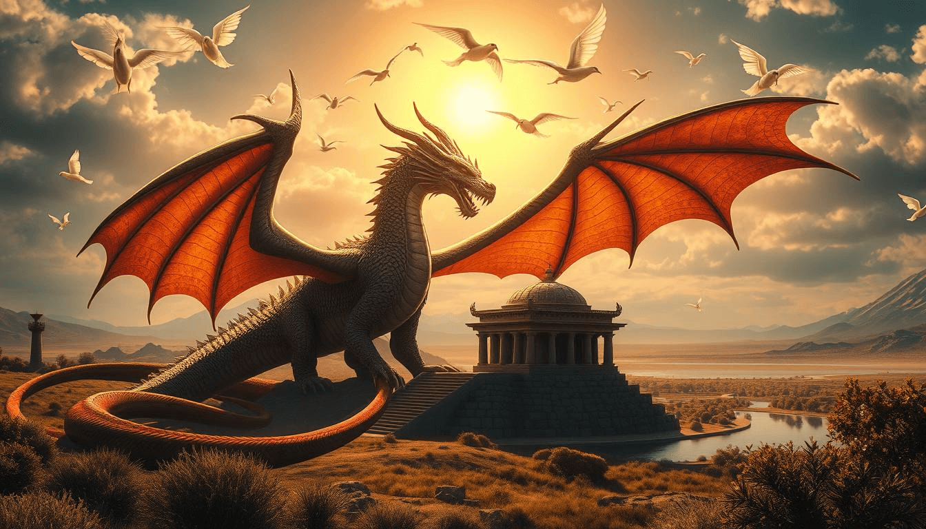 armenian-mythical-creatures-dragon-temple-sunset-mount-ararat-mythical-creatures-art Majestic Armenian dragon resting near an ancient temple at sunset with birds flying above and Mount Ararat in the distance, mythical creatures fantasy art.