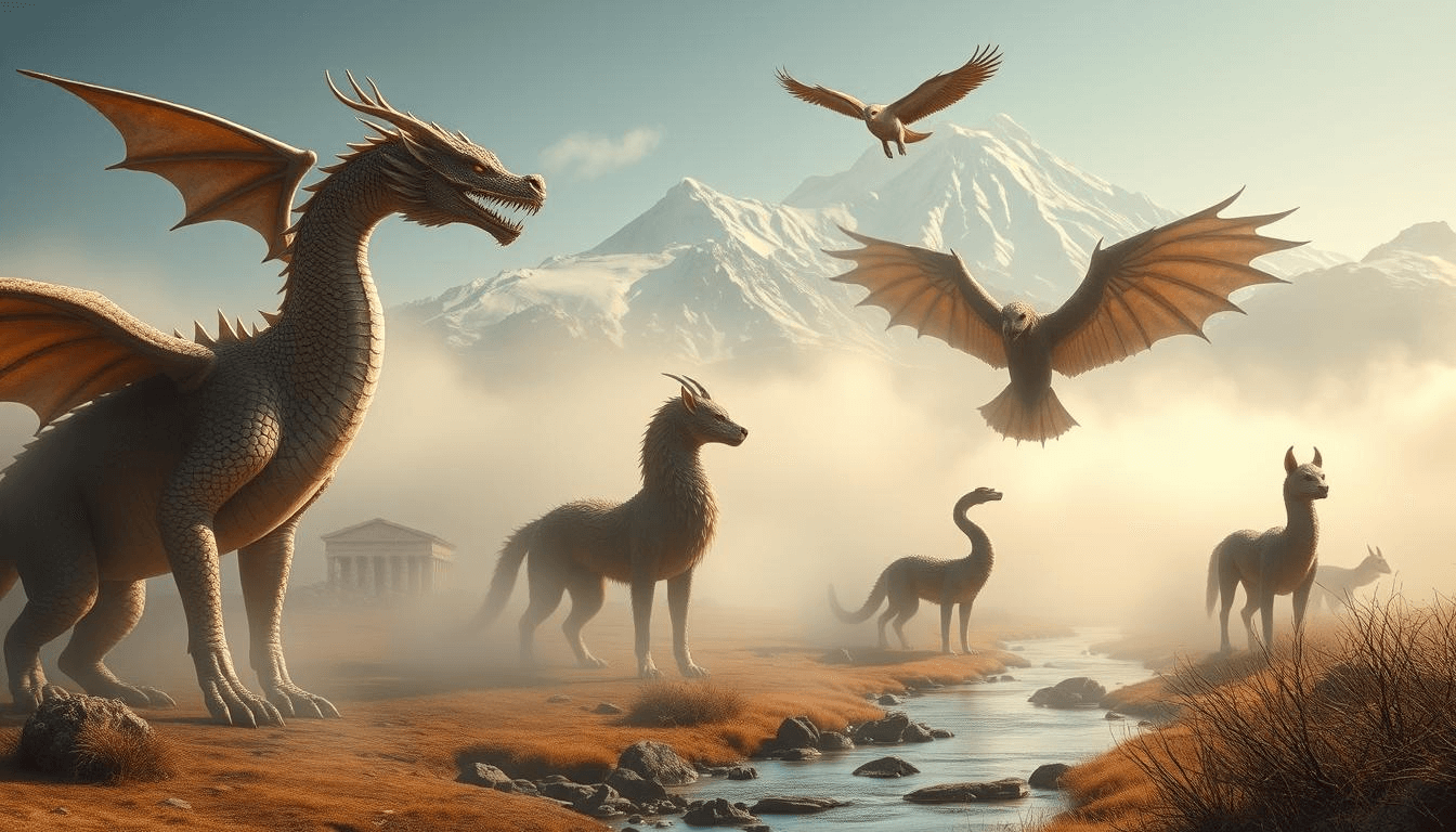 armenian-mythical-creatures-dragons-aralez-mount-ararat-mythical-creatures-art Group of Armenian mythical creatures including dragons, dog-spirits, and flying beasts near Mount Ararat with misty river, mythical creatures fantasy art.