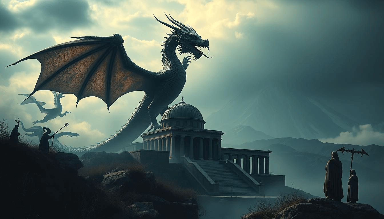 armenian-mythical-creatures-giant-dragon-temple-battle-mythical-creatures-art Massive Armenian dragon towering over an ancient temple with dark skies, priests and warriors preparing for battle, mythical creatures fantasy art.