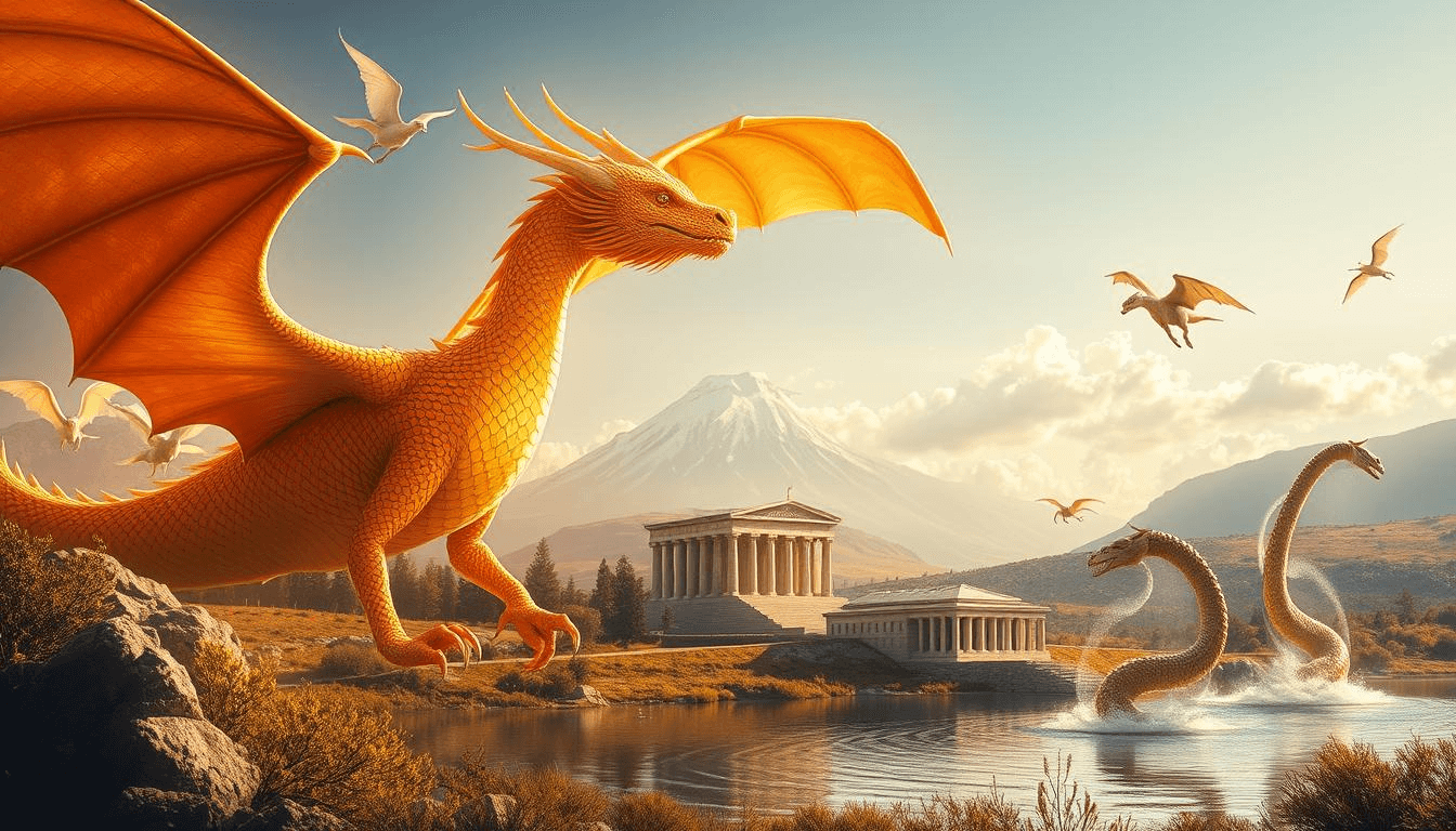 armenian-mythical-creatures-golden-dragon-vs-serpent-temple-mount-ararat Golden Armenian dragon facing a two-headed serpent in a lake with ancient temples and Mount Ararat in the background, mythical creatures fantasy artwork.