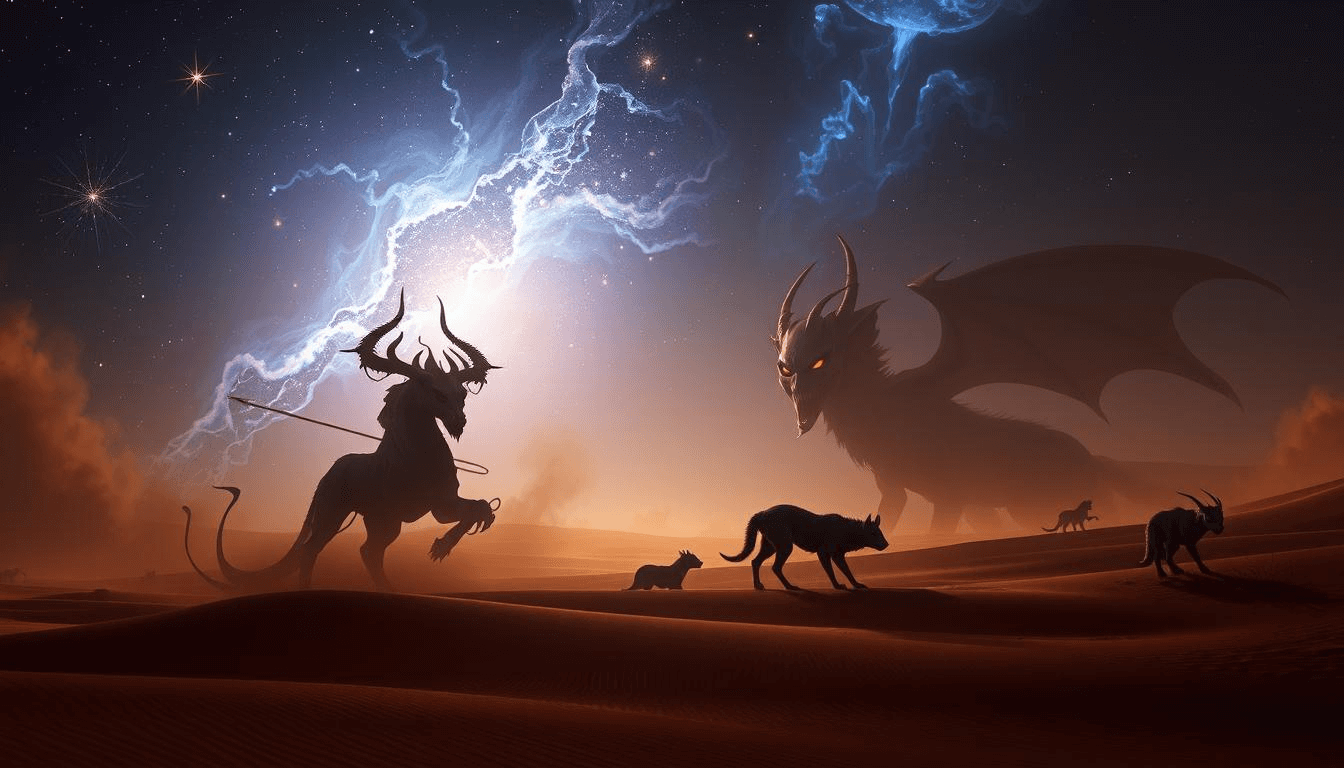 bahamut-falak-cosmic-mythical-creatures-fantasy-art A colossal dragon-like beast with glowing eyes faces a horned warrior under a cosmic sky filled with lightning, symbolizing Bahamut and Falak from Arabian mythology in mythical creatures fantasy art.