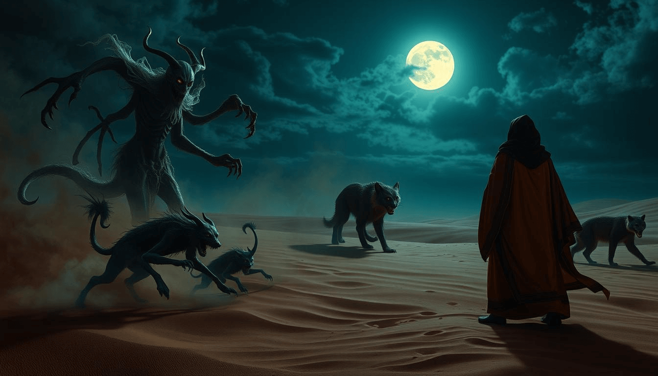 desert-ghoul-pack-mythical-creatures-fantasy-art A towering horned ghoul and a pack of demonic wolf-like creatures confront a cloaked traveler under a full moon in the Arabian desert, illustrating mythical creatures fantasy art rooted in Middle Eastern folklore.