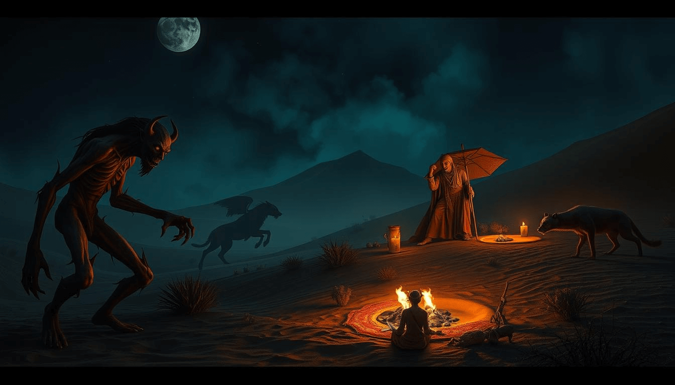 hakawati-storytelling-arabian-mythical-creatures-art A Hakawati storyteller and listeners sit around glowing campfires in the Arabian desert as a towering horned demon and shadowy spirit horse appear under the moonlight, illustrating Arabian mythical creatures and oral tradition in fantasy art.