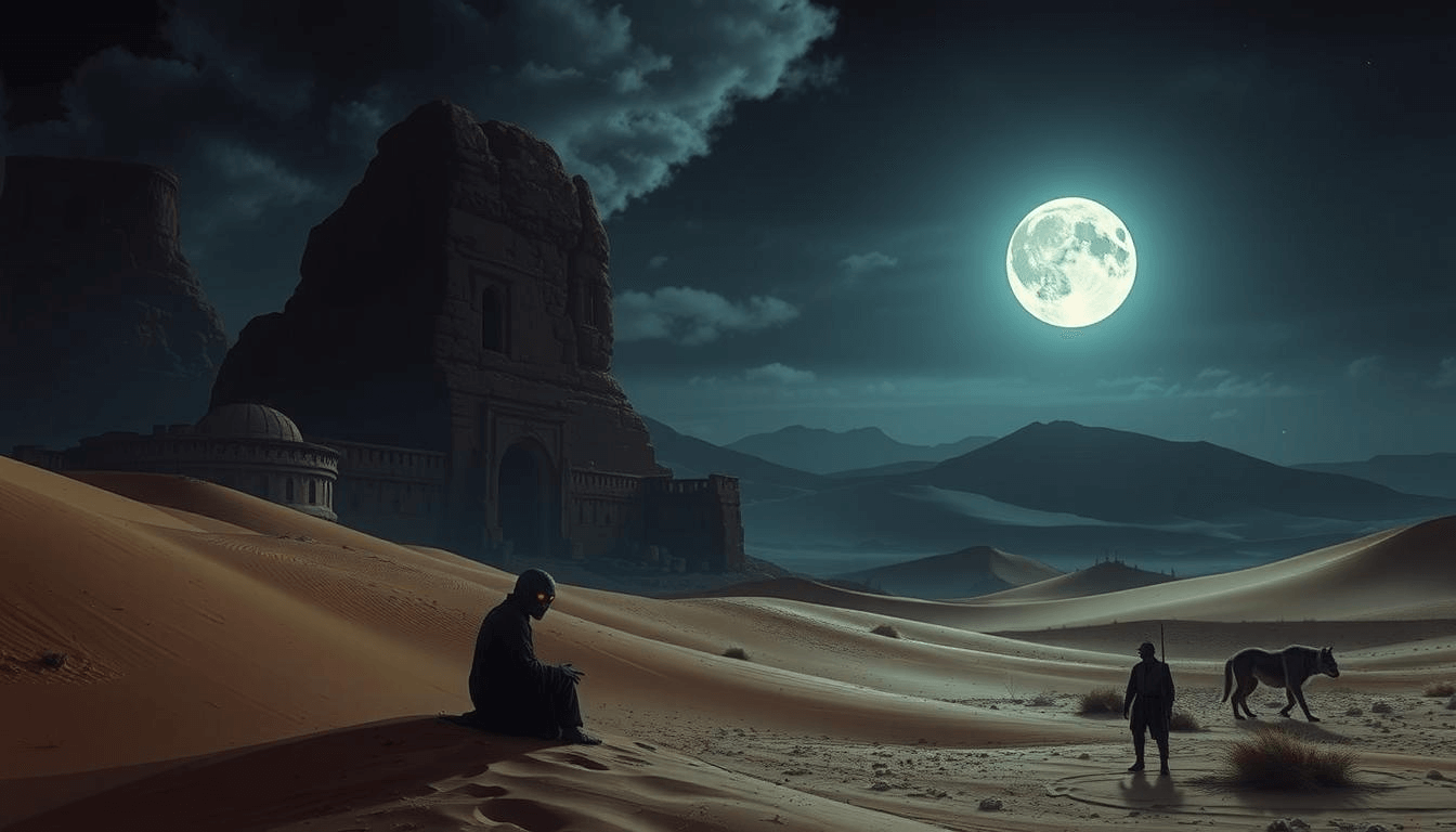 jinn-ruins-desert-mythical-creatures-fantasy A dark jinn-like mythical creature with glowing red eyes sits near ancient desert ruins under a full moon, while a lone traveler and his dog walk across the sand, capturing Arabian mythical creatures in fantasy art.