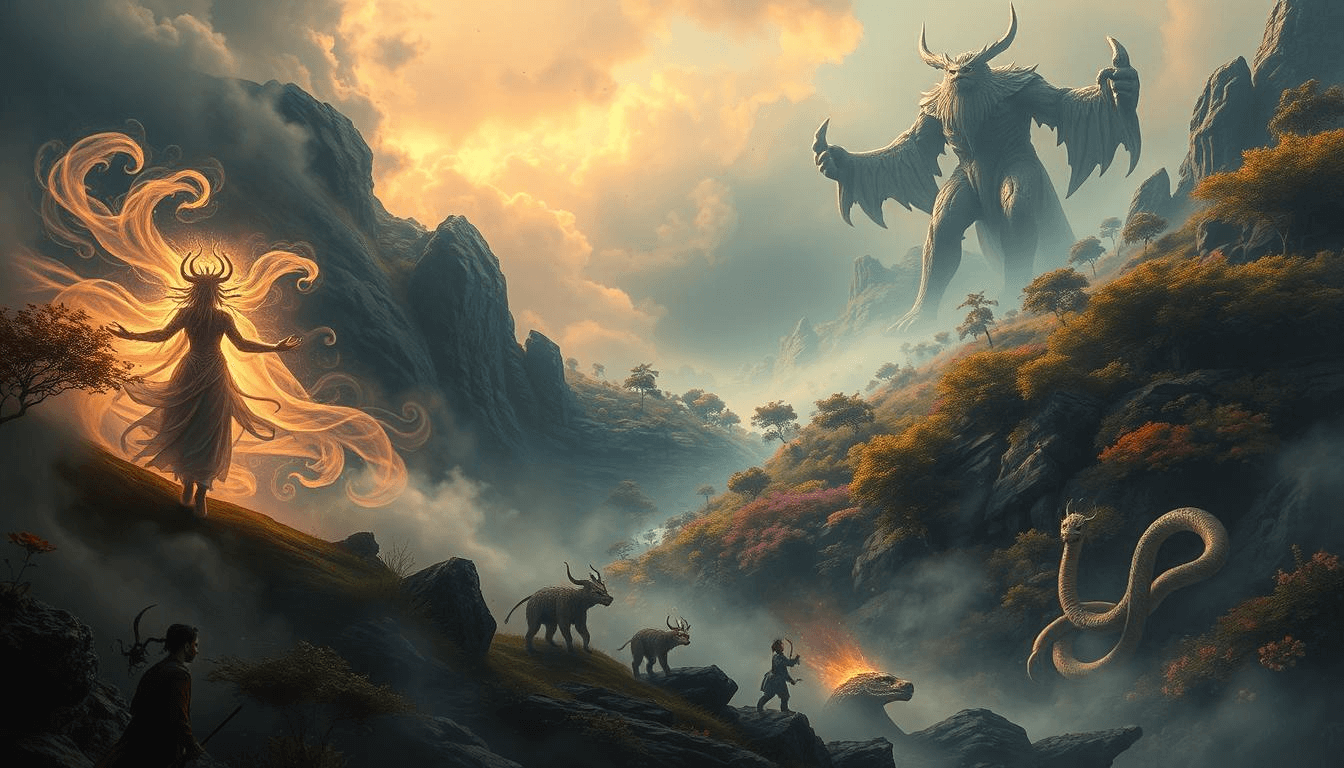 pakistani-mythical-creatures-gods-giants-legendary-fantasy-art Epic fantasy artwork of a glowing horned goddess figure facing a towering mountain giant, surrounded by wild goats, a coiled serpent, and villagers in a misty valley — symbolizing legendary Pakistani mythical creatures and folklore.