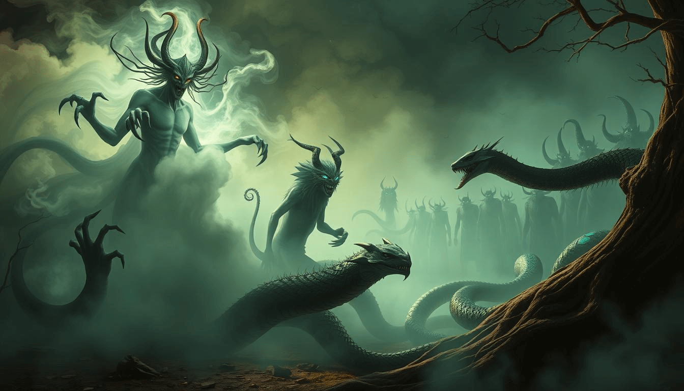 pakistani-mythical-creatures-jinn-demons-serpent-fantasy-art Dark fantasy artwork of jinn and demonic spirits emerging from misty shadows, with glowing eyes and serpents coiling at their feet under a twisted tree — a haunting depiction of Pakistani mythical creatures and folklore.