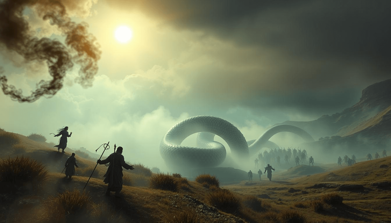 pakistani-mythical-creatures-river-serpent-myth-fantasy-art Fantasy artwork of a massive serpent coiled in a misty valley as villagers approach cautiously under a glowing sun, symbolizing Pakistani river serpent myths and mythical creatures folklore.