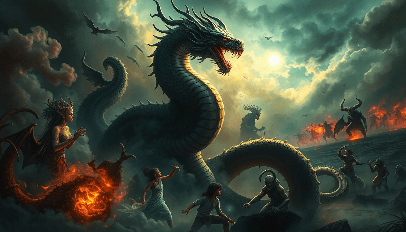 pakistani-mythical-creatures-sea-serpent-fire-demons-fantasy-art Epic fantasy artwork of a massive sea serpent rising from stormy waters as villagers and warriors confront it, surrounded by fire demons and dark winged creatures — a dramatic depiction of Pakistani mythical creatures and apocalyptic folklore.