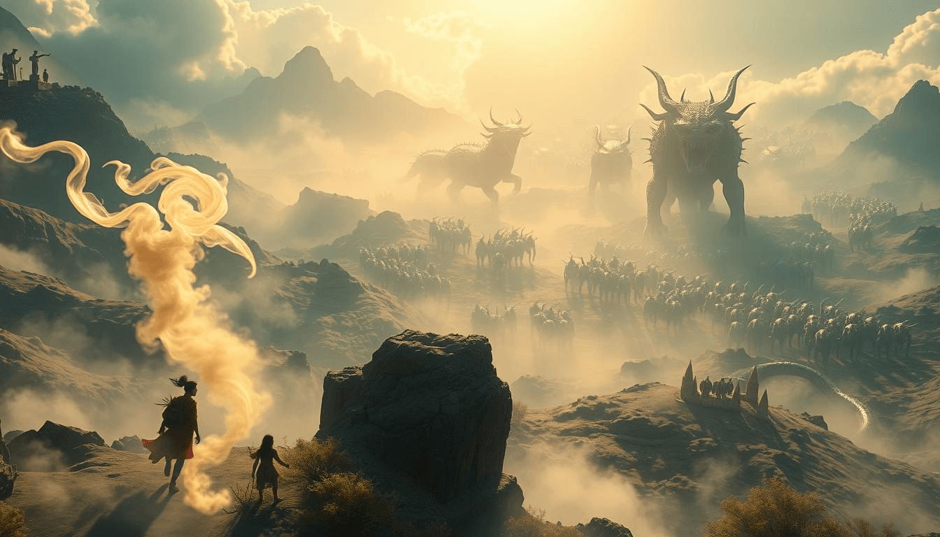 pakistani-mythical-creatures-yajuj-majuj-apocalypse-fantasy-art Golden-lit fantasy artwork of Yajuj and Majuj, giant horned beasts leading an endless army across a misty valley as two figures look on from a rocky cliff — a powerful depiction of end-times in Pakistani mythical creatures folklore.
