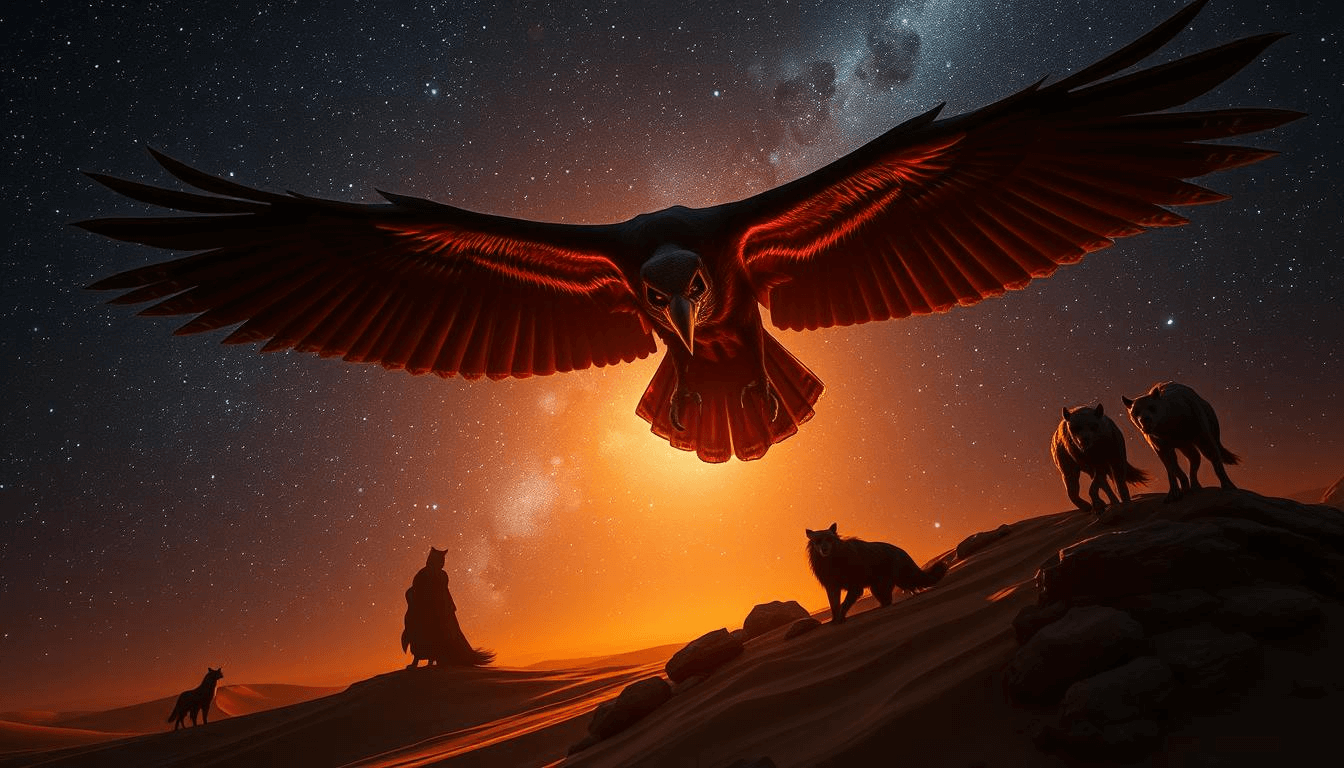 roc-giant-bird-mythical-creatures-fantasy-art A colossal Roc spreads its glowing wings across a starlit Arabian desert sky at sunrise, as wolves and a cloaked traveler watch in awe, symbolizing legendary mythical creatures in Middle Eastern fantasy art.