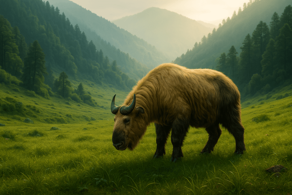  A mythic takin grazing peacefully in a green Bhutan valley at sunrise, surrounded by soft sunlight and misty Himalayan peaks, symbolizing serenity and sacred harmony in Bhutanese mythology.
