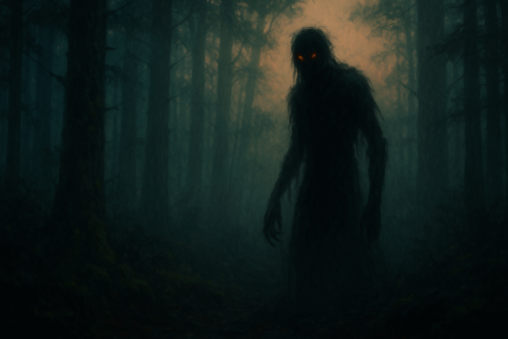 Shadowy Ali demon from Georgian folklore haunting a misty forest, illustrated in dark mythical creatures fantasy art.