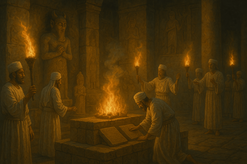Ancient Syrian priests perform a fire ritual inside a stone temple adorned with statues of gods, representing the sacred origins of Syrian mythical creatures and lore.