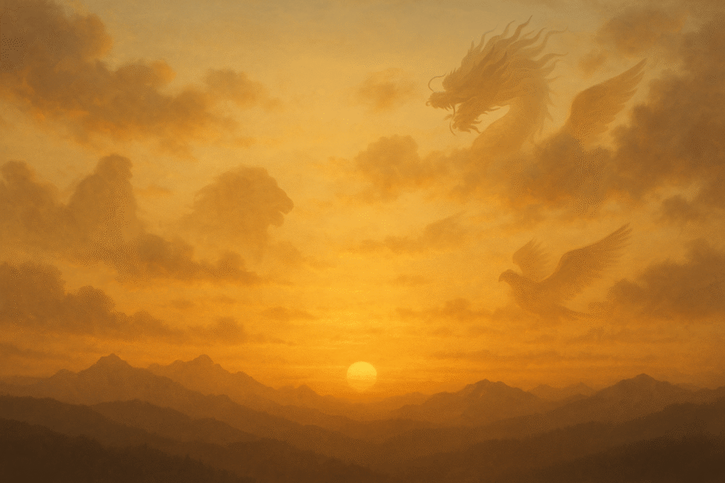  A golden Bhutan sunset over the Himalayas with faint silhouettes of mythical creatures like dragons and lions in the clouds, evoking calm spirituality and timeless mythic harmony.
