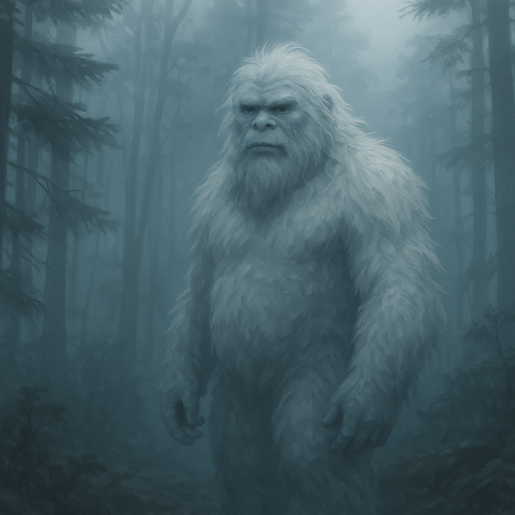  A mysterious Yeti standing quietly in a foggy Bhutan forest, bathed in cool misty tones, symbolizing the gentle guardian spirit of the Himalayas in Bhutanese mythology.
