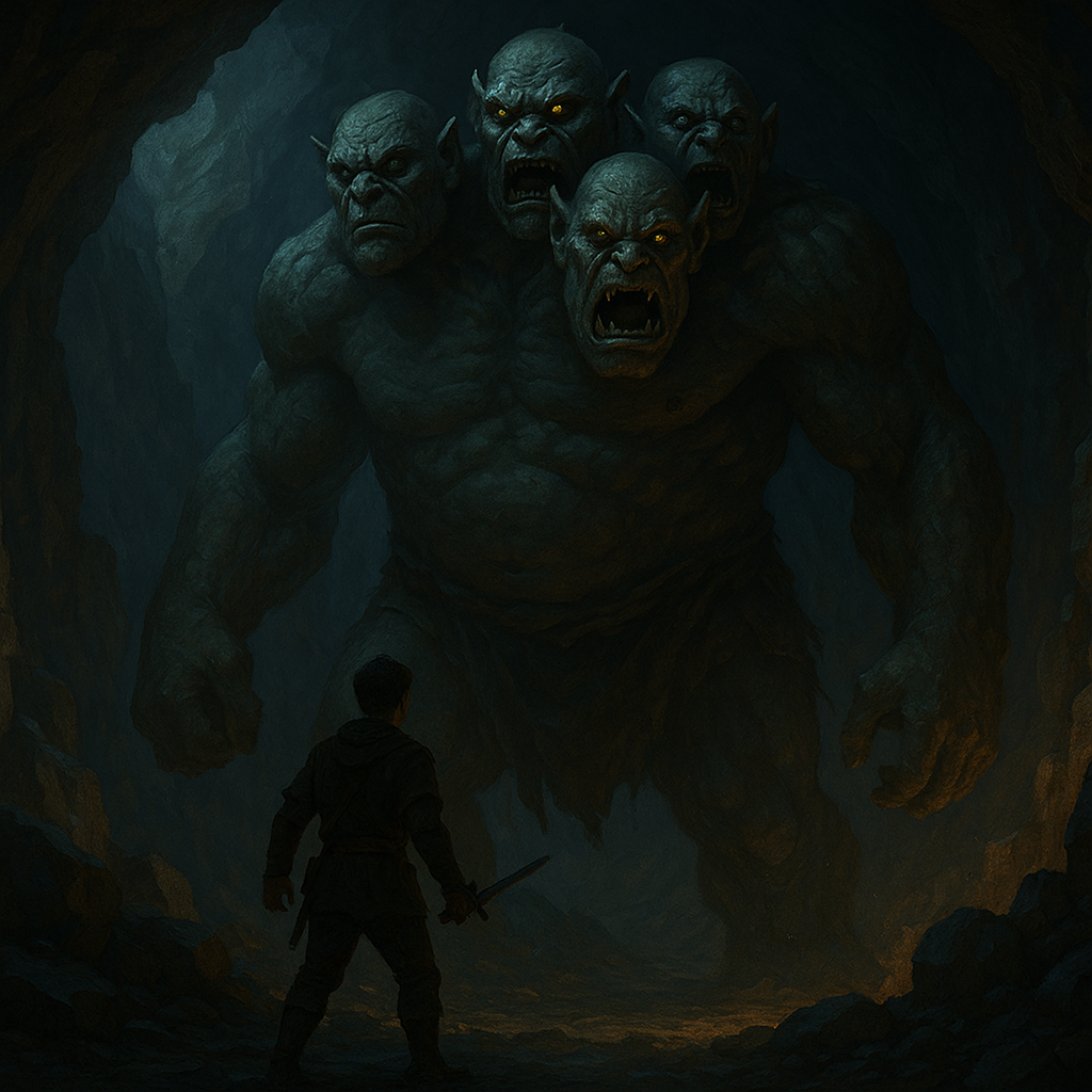 Giant multi-headed Devi ogre from Georgian mythology standing in a dark mountain cave, depicted in mythical creatures fantasy art.