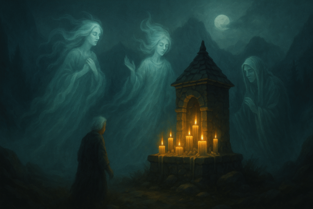 Ghostly Dobilni spirits floating around a sacred Georgian mountain shrine with candles, rendered in ethereal fantasy art.