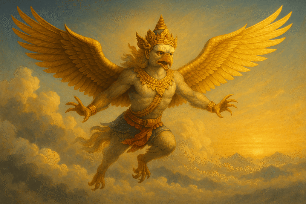 A majestic Garuda soaring high above the clouds with golden wings glowing in sunlight, symbolizing triumph, wisdom, and divine protection in Bhutanese and Himalayan mythology.
