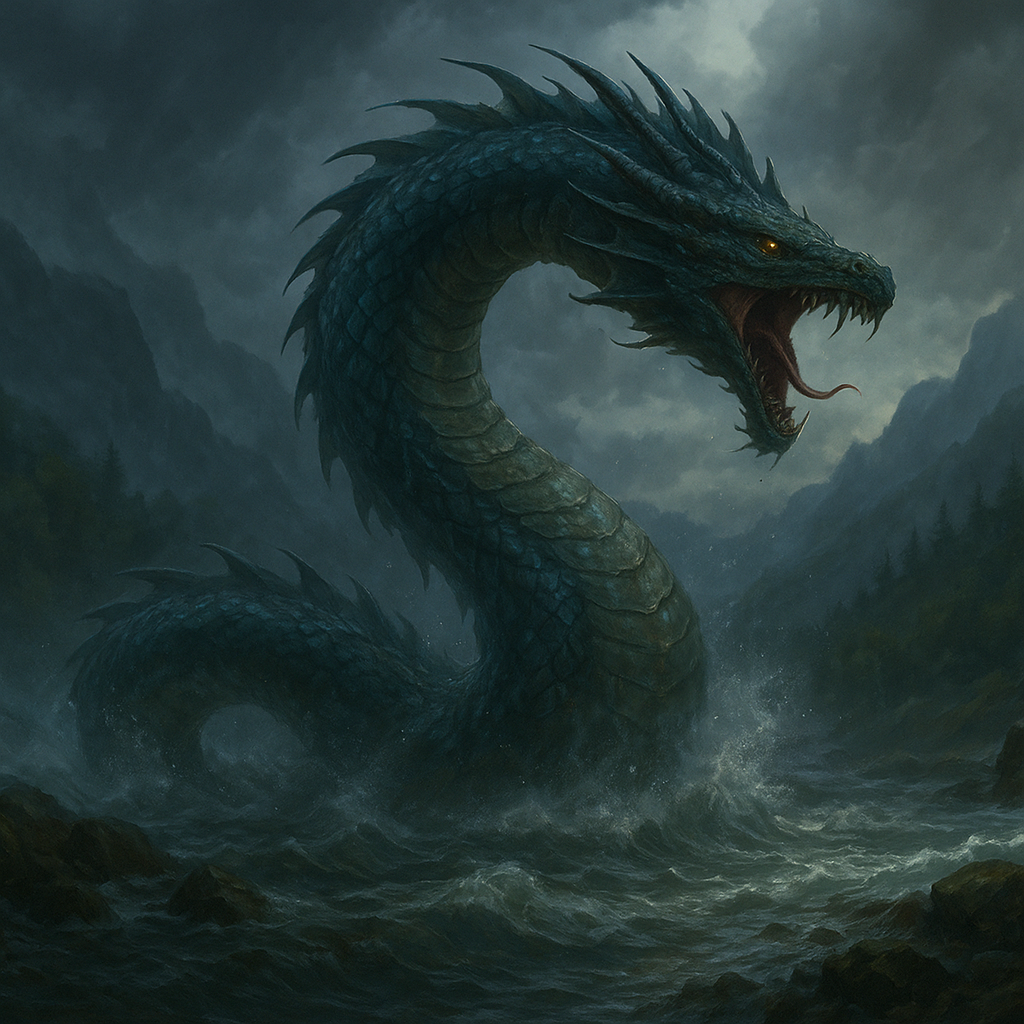 Serpent-dragon Gveleshapi rising from a Georgian river under storm clouds, portrayed in dramatic mythical creatures fantasy art.